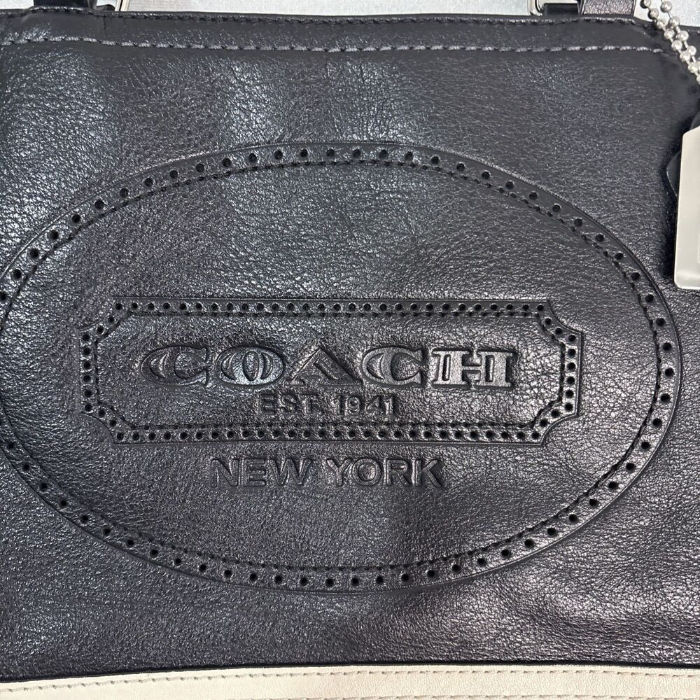 Coach New York Leather‎ Womens Purse Handbag Black Ivory Satchel Handle Bag - Picture 2 of 16